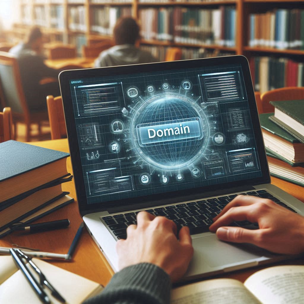 A person typing on a laptop with a "Domain" graphic on the screen